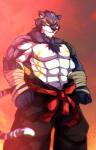 abs anthro arm_wraps bandage belt biceps black_nose bottomwear chest_tuft clothed clothing fur male muscular muscular_anthro muscular_male pants pecs simple_background solo standing topless tuft wraps yellow_eyes tengo felid mammal pantherine tiger 2015 digital_media_(artwork)