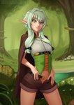 belt bottomwear clothed clothing female forest looking_at_viewer not_furry open_bottomwear open_clothing open_pants pants plant pond shorts smile solo text tree water deilan12 deviantart goblin_slayer patreon twitter high_elf_archer_(goblin_slayer) elf humanoid 2020 hi_res url