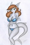 alternate_species anthro bikini breasts brown_hair clothing eyebrows eyelashes female green_eyes grey_body hair navel solo swimwear two-piece_swimsuit sinaherib eliza_gardis fish marine shark 2025 hi_res traditional_media_(artwork)