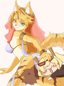 :3 accessory annoyed anthro blonde_hair blush bottomwear bra breasts chibi clothed clothing duo eyes_closed eyewear eyewear_on_head female female/female fur furgonomics gold_(metal) green_eyes hair hand_on_another's_head harem_outfit headdress jewelry loincloth open_mouth pigtails simple_background sunglasses sunglasses_on_head tail tail_accessory tail_hug tail_jewelry topwear translucent translucent_clothing tuft twintails_(hairstyle) underwear wearing_sunglasses white_background white_body white_fur yellow_body yellow_fur leiya mihoyo zenless_zone_zero burnice_white pulchra_fellini felid feline human mammal thiren 2026 digital_media_(artwork) hi_res