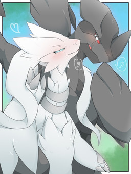 ambiguous_gender anthro blue_eyes blush chest_tuft cute_fangs duo fangs gradient_background hand_around_waist hand_on_leg hand_on_thigh heart_pupils heart_symbol looking_at_another looking_at_partner male red_eyes romantic romantic_couple simple_background teeth tuft wings ashuperu nintendo pokemon generation_5_pokemon legendary_pokemon pokemon_(species) reshiram zekrom 3:4 hi_res