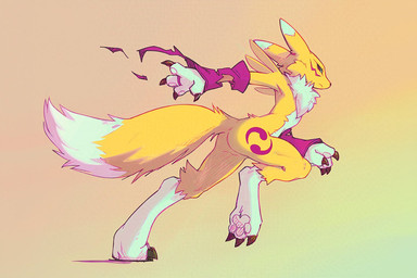 action_pose anthro chest_tuft dipstick_tail female flat_chested fluffy fluffy_tail fur markings pawpads paws pose rear_view simple_background solo tail tail_markings tuft yellow_body yellow_fur ancesra bandai_namco digimon digimon_(species) renamon