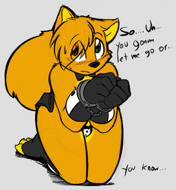 anthro bdsm biped black_nose bodily_fluids bondage bound bow_(feature) bow_tie captured chain clothed clothing costume cuff_(restraint) footwear fur gloves green_eyes handcuffs handwear kneeling legwear male metal_cuffs necktie nervous orange_body orange_fur restraints shackles simple_background skimpy slave socks solo submissive submissive_male superhero sweat tail text thong toeless_footwear toeless_socks underwear white_background 0r0ch1 carrotwolf canid canine canis mammal wolf