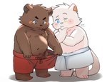 anthro belly blush brown_body brown_fur clothing duo fur male navel nipples overweight slightly_chubby underwear young young_anthro tongmung24 bear domestic_cat felid feline felis mammal 2022 hi_res