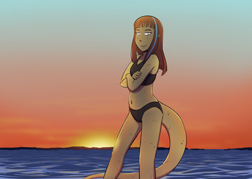 adolescent anthro bikini bikini_bralette blue_eyes brown_body brown_scales clothing female highlights_(coloring) humanoid_face midriff navel outside pose scales sea solo sunset swimwear two-piece_swimsuit water young robin_dassen twin_dragons_(webcomic) cleo_(twin_dragons) reptile scalie snake 2020