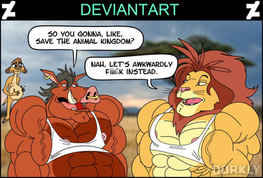 abs anthro anthrofied being_watched belly big_muscles brown_hair caption dialogue ear_piercing eye_contact facial_piercing group hair half-closed_eyes huge_muscles humor hyper hyper_muscles interspecies looking_at_another male male/male musclegut muscular muscular_male narrowed_eyes nose_piercing nose_ring open_mouth overweight overweight_male pecs photo_background piercing pregnant pregnant_anthro pregnant_male ring_piercing sad savanna septum_piercing simple_background speech_bubble teeth text the_truth tusks vein veiny_muscles disney dorkly the_lion_king pumbaa simba_(the_lion_king) timon felid herpestid lion mammal meerkat pantherine suid suine warthog censored english_text photography_(artwork)
