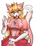 anthro big_breasts blonde_hair blue_eyes blush breasts brooch cat_peach clothing crown domestic_cat dress ear_piercing felid feline felis female fluffy fluffy_tail gloves greeting hair handwear headgear heart_symbol hi_res looking_at_viewer mammal mario_bros multicolored_body nintendo noruru3737 piercing pink_body pink_clothing pink_dress princess_peach ring simple_background small_waist solo tail two_tone_body