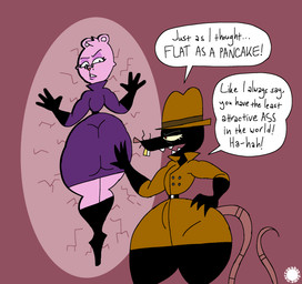 4_fingers anthro armwear belt big_butt black_body black_fur blue_pupils boots bubble_butt buckteeth butt cheek_tuft clothing coat curvy_figure dialogue duo elbow_gloves eyelashes eyeshadow eyewear facial_tuft fangs femboy fingers flattened footwear fur glasses gloves gold_(metal) gold_tooth hand_on_another's_butt hand_on_butt hand_on_hip handwear hat head_tuft headgear headwear heart_nose heart_symbol knee_boots knee_highs legwear logo makeup male markings mole_(marking) pink_body pink_fur pupils red_pupils shoes small_waist speech_bubble tail teeth text thick_thighs topwear trenchcoat tuft wasp_waist whiskers wide_hips yellow_sclera thatdawgmurray happy_tree_friends the_mole_(htf) the_rat_(htf) eulipotyphlan mammal mole_(animal) murid murine rat rodent aliasing artist_logo artist_name digital_media_(artwork) english_text hi_res signature