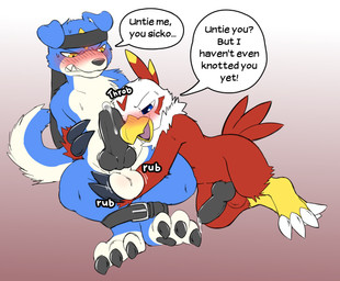 anthro balls bdsm beak blue_body blue_fur blush bodily_fluids bound brown_body brown_feathers claws duo erection feathers feet fur genital_fluids genitals knot male male/male penis penis_on_face precum shortstack shortstack_male talons text toes miau bandai_namco digimon eric_(miau) gale_hawkmon avian canid canine digimon_(species) gaomon hawkmon mammal absurd_res english_text hi_res