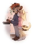 4_toes 5_fingers anthro brown_hair clothed clothing cooking duo feet female fingers fully_clothed hair male romantic romantic_ambiance romantic_couple smile toes fumiko domestic_cat felid feline felis mammal 2020 digital_media_(artwork) hi_res