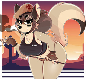 anthro arm_tuft bent_over beret bodily_fluids breasts chest_tuft cigarette clothing crop_top elbow_tuft eyebrows eyelashes female fingerless_gloves gloves handwear hanging_breasts hat headgear headwear inner_ear_fluff looking_at_viewer navel notched_ear panties shirt shoulder_tuft smoking solo sweat topwear tuft underwear wide_hips wireless_shiba pixile_studios super_animal_royale canid canine canis coyote mammal 2022 absurd_res hi_res