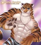 4_fingers abs anthro biceps big_muscles black_stripes blue_eyes bottomwear chest_tuft claws clothed clothing countershading dancing fingers fur grin looking_at_viewer male multicolored_body multicolored_fur muscular muscular_anthro muscular_male navel one_eye_closed orange_body orange_fur pawpads pecs shorts smile solo stripes topless tuft white_body white_fur wink zootopia_shorts sollyz disney zootopia tiger_dancer_(zootopia) felid mammal pantherine tiger 2016 2d_animation animated motion_tweening short_playtime