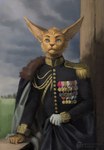 ambiguous_gender anthro big_ears blue_eyes brown_body brown_fur clothed clothing epaulet fully_clothed fur gloves_(marking) inner_ear_fluff markings medal military_uniform pose solo tuft uniform techiesxc twokinds basitin mammal digital_media_(artwork) hi_res portrait