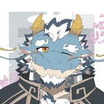 anthro beard blue_body blush eyebrows facial_hair hair horn male mature_male necktie one_eye_closed smile solo thick_eyebrows white_hair wink yellow_eyes mawarimakuruze lifewonders mythology tokyo_afterschool_summoners qinglong_(tas) dragon mythological_creature mythological_scalie scalie 1:1 2024 hi_res