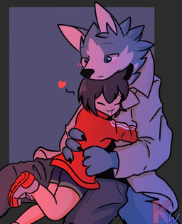 anthro black_hair black_nose blue_body blue_eyes blue_fur blush bottomwear clothed clothing coat duo eyes_closed female fingers fluffy fluffy_tail footwear fur hair heart_symbol hug jacket male multicolored_body multicolored_fur shoes short_hair shorts tail topwear kangwolf brand_new_animal studio_trigger michiru_kagemori shirou_ogami canid canine canis human mammal wolf 2020 absurd_res hi_res