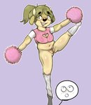 anthro balancing braces cheerleader cleavage_cutout clothed clothing cutout exhibitionism female footwear genitals knee_highs knee_socks legwear partially_clothed pom_poms pose pubes public pussy raised_leg socks solo bajaboobey maggie_hudson hi_res