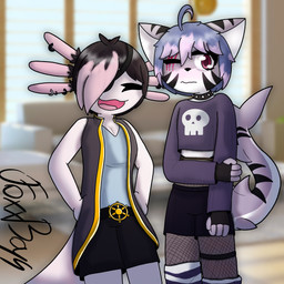 1_eye anthro blush clothed clothing crossdressing crossdressing_female crossdressing_male duo female femboy male male/female shy foxxboyy changed_(video_game) axelle_beek_(foxxboyy) finn_mcbaran_(foxxboyy) amphibian aquatic axolotl fish mole_salamander requiem_shark salamander shark tiger_shark 1:1 absurd_res hi_res