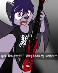 anthro bass_guitar bottomless clothed clothing female fur guitar hair musical_instrument plucked_string_instrument shirt smile solo string_instrument topwear pokefound da_silva mattie_(pokefound) bat mammal 4:5