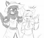 angry clothing domestic_cat duo eyes_closed felid feline felis female forest-wolf greyscale hat headgear headwear mammal monochrome mouse murid murine rodent