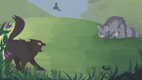 ambiguous_gender black_body black_fur detailed_background duo feral flower fur grass grey_body grey_fur open_mouth outside plant bloowolfy warriors_(book_series) breezepelt_(warriors) jayfeather_(warriors) ambient_bird domestic_cat felid feline felis mammal 16:9 hi_res widescreen male_(lore)