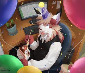 anthro balloon birthday birthday_cake cactus cake candy chair chocolate clothed clothing computer computer_keyboard computer_monitor computer_mouse cutlery dessert detailed_background eating electronics food fruit fur furniture hair hat headgear headwear holding_object holidays inflatable kitchen_utensils male notebook office office_chair open_mouth party_hat plant sitting smile solo spoon strawberry table tail text tongue tongue_out tools topwear darkolynx darkolynx_(character) felid feline lynx mammal digital_media_(artwork) hi_res trans_(lore) trans_man_(lore)
