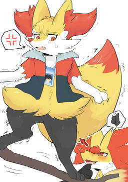 after_transformation ambiguous_gender anthro back_fur balancing blush blush_lines bodily_fluids bottomless brown_eyes brown_paws clothed clothing cross-popping_vein dipstick_tail duo fur gesture hand_gesture id_card inner_ear_fluff jacket jacket_only lanyard male markings multicolored_body open_mouth red_eyes red_inner_ear_fluff red_nose shaking smile speech_bubble standing sweat sweatdrop tail tail_markings teaching teeth thumbs_up topwear topwear_only tuft wand white_body white_fur white_paws yellow_body yellow_fur yakumomidori1 nintendo pokemon braixen canid canine delphox generation_6_pokemon mammal pokemon_(species) hi_res
