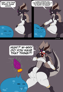 ambiguous_gender anthro big_bulge blush bulge clothing crouching detailed_bulge dialogue duo eyebrows femboy fingers grey_background hair horn legwear male shortstack shortstack_male simple_background tail text thick_thighs wide_hips conditional_dnp suirano mythology amargon_(suirano) dragon mythological_creature mythological_scalie scalie slime_(blob) 2026 comic digital_media_(artwork) english_text hi_res