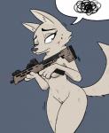 2019 4_fingers anthro barely_visible_genitalia barely_visible_pussy blood blue_eyes bodily_fluids breasts canid canine cheek_tuft disney eyebrows eyelashes facial_tuft female fingers fox fur genitals grey_eyes gun holding_gun holding_object holding_ranged_weapon holding_weapon inner_ear_fluff josun laser_sight mammal neck_tuft nude one_eye_closed pussy ranged_weapon rifle scratch simple_background skye_(zootopia) solo speech_bubble standing submachine_gun sweat tuft under_boob weapon white_body white_fur wince zootopia