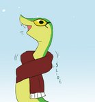 black_eyes blue_background daww fangs female feral fiddleafox green_body green_skin motion_lines open_mouth reptile scalie scarf simple_background snake snow snowing solo sound_effects teeth viridian_(fiddleafox) yellow_sclera