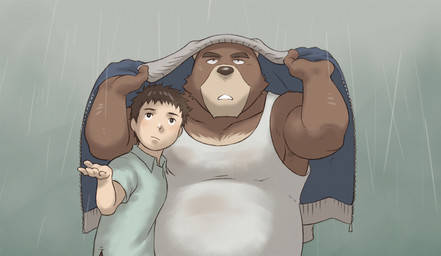 anthro blue_clothing blue_jacket blue_topwear brown_body brown_fur brown_hair chest_markings clothing countershade_snout countershading duo fur green_clothing green_polo_shirt green_shirt green_topwear hair jacket male markings musclegut muscular muscular_anthro muscular_male overweight overweight_anthro overweight_male raining shirt snout tan_body tan_countershading tan_fur tank_top topwear white_clothing white_shirt white_tank_top white_topwear shirako morenatsu hiroyuki_nishimura juuichi_mikazuki bear human mammal 2014 colored