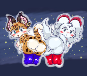 anus big_breasts big_butt breasts butt chibi clothing duo female footwear footwear_only genitals mostly_nude nipples shoes shoes_only thick_thighs vulva wide_hips aramatchan nintendo star_fox fay_(star_fox) miyu_(star_fox) canid canine canis domestic_dog felid feline mammal hi_res
