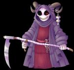 ambiguous_gender bone clothed clothing horn hourglass_(object) melee_weapon not_furry polearm red_eyes robe scythe simple_background skeleton solo spiral_horn weapon halgalaz tanghor animated_skeleton humanoid undead absurd_res alpha_channel hi_res