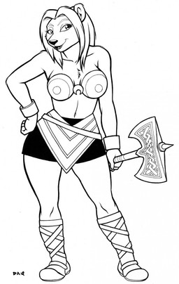 anthro armor axe boots bottomwear breasts chest_tuft clothed clothing female footwear gloves hand_on_hip handwear holding_object holding_weapon looking_at_viewer melee_weapon navel open_mouth open_smile shoes skimpy skirt smile solo standing tuft unconvincing_armor weapon david_a_cantero ms._cotton bear mammal polar_bear ursine 2015 hi_res monochrome