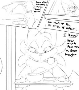 bandage bed bedding bedroom blanket bowl cheek_tuft container duo facial_tuft female food furniture looking_down male male/female nervous plate sad text tuft window wounded spicykiwi nintendo pokemon thomas_(spicykiwi) tulip_(spicykiwi) floragato generation_9_pokemon human mammal pokemon_(species) absurd_res comic english_text hi_res monochrome story