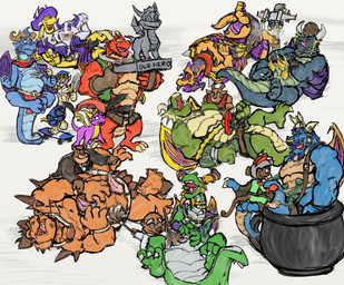 anthro belly blue_body blue_scales brown_body brown_fur cauldron cleaning_tool clothing eyes_closed eyewear facial_hair feather_duster fur glasses green_body green_scales group hat headgear headwear holding_cleaning_tool holding_feather holding_feather_duster holding_object horn large_group laugh loose_feather lying male multicolored_body multicolored_scales muscular muscular_anthro muscular_male mustache on_back open_mouth open_smile orange_body orange_scales overweight overweight_anthro overweight_male purple_body purple_clothing purple_hat purple_headwear purple_scales red_body red_scales scales sculpture skateboard smile statue tail teeth tickle_fetish tickling tickling_belly tongue vehicle wearing_glasses wings yellow_body yellow_fur yellow_scales kctk activision mythology spyro_reignited_trilogy spyro_the_dragon agent_9 bentley_(spyro) billy_(spyro) bruno_(spyro) cosmos_(spyro) delbin_(spyro) gavin_(spyro) hunter_(spyro) lateef_(spyro) magnus_(spyro) moneybags_(spyro) nestor_(spyro) professor_(spyro) rescued_dragons_(spyro) sgt._james_byrd spyro titan_(spyro) zantor_(spyro) avian bear bird bovid caprine cheetah dragon eulipotyphlan felid feline goat haplorhine mammal mole_(animal) monkey mythological_creature mythological_scalie penguin primate scalie yeti hi_res