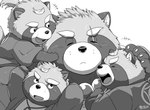 anthro clothed clothing eyes_closed group humanoid_hands kemono leaf male scar simple_background size_difference slightly_chubby white_background young hijirinoyuta lifewonders tokyo_afterschool_summoners gyobu's_underlings gyobu_(tas) canid canine mammal raccoon_dog tanuki 2021 monochrome