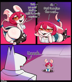 animal_ears anthro bedroom_eyes big_butt biped black_clothing blue_clothing blush bottomwear breasts butt clothing eyelashes female hair larger_male legwear lying male narrowed_eyes on_front pupils red_hair seductive size_difference skirt smaller_female smile spread_legs spreading thick_thighs thigh_highs thong underwear white_body psakorn_tnoi canid canine mammal mouse murid murine rodent absurd_res hi_res