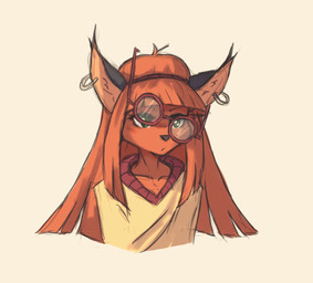 anthro bangs big_ears black_nose clothing cowlick ear_piercing ear_ring ear_tuft eyelashes eyewear female fur glasses green_eyes hair inner_ear_fluff long_hair orange_body orange_fur orange_hair piercing ring_piercing shadow simple_background solo sweater tan_background topwear tuft tinygaypirate unknown_species 2022 half-length_portrait portrait
