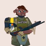 anthro clothing gun male military_uniform moldovan_flag ranged_weapon shotgun solo ukrainian_flag uniform weapon drafthoof bovid bovine cattle mammal 1:1