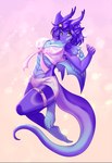 anthro blue_body blue_eyes blue_scales bottomwear clothed clothing eyelashes female glistening glistening_eyes hair horn looking_at_viewer mouth_closed pink_bottomwear pink_clothing pink_topwear purple_body purple_ears purple_hair purple_horn purple_tail scales simple_background solo tail topwear tiggybloom mythology dragon mythological_creature mythological_scalie scalie 2023 hi_res