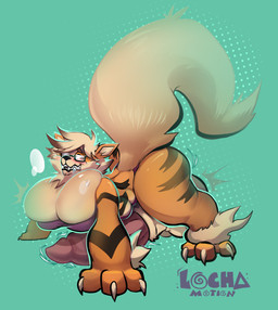 balls big_penis bodily_fluids breasts brown_body brown_fur busty_feral claws drooling erection eyewear feral fur genitals glasses green_background gynomorph implied_transformation intersex multi_breast penis saliva simple_background solo tail teeth lochamotion nintendo pokemon arcanine canid generation_1_pokemon mammal pokemon_(species) 2025 hi_res