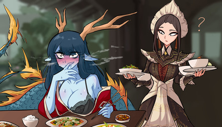 antlers black_bra black_clothing black_underwear blue_body blue_hair blue_skin blush bodily_fluids bra breasts brown_clothing brown_hair chopsticks cleavage clothed clothing column crying drooling duo female food hair hair_along_tail headdress horn lace_bra pointy_ears prick_ears question_mark red_clothing red_robe robe robe_aside saliva scales scaly_tail spicy_food steamy_breath tail tail_tuft tears tuft underwear white_waistband centurii-chan_(artist) mythology animal_humanoid dragon dragon_humanoid human humanoid mammal mythological_creature mythological_scalie scalie absurd_res character_request hi_res