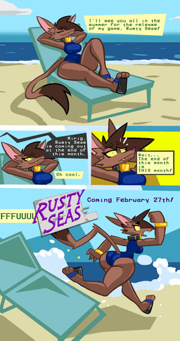 anthro beach big_butt breasts brown_body brown_fur brown_hair butt clothing collar dialogue female fur hair one-piece_swimsuit reclining running solo speech_bubble swimwear tail text wedge_(footwear) yellow_sclera aygee rusty_seas mirig_(aygee) canid canine canis mammal wolf 2026 absurd_res comic english_text hi_res