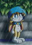 anthro big_eyes blue_cloak blue_clothing cloak clothing coat fluffy leaf male raincoat raining solo topwear wall_(structure) tarri disney zootopia fan_character lagomorph leporid mammal rabbit hi_res