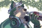 anthro beverage blush bottle cola container dappled_light drinking electronics eyebrows fur green_body green_eyes green_fur headphones headphones_around_neck kerchief male smile soda solo thick_eyebrows wristband toto3_official lifewonders live_a_hero mokdai canid canine canis domestic_dog mammal absurd_res hi_res