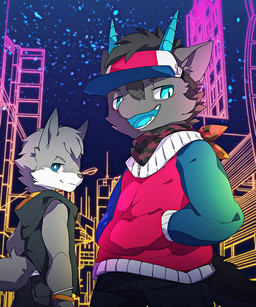 2_horns anthro black_body black_fur blue_eyes duo fur grey_body grey_fur horn looking_at_viewer male open_mouth white_body white_fur young young_anthro young_male oouyuki_benten mythology aeshma_(oouyuki_benten) canid canine canis dragon furred_dragon furred_scalie mammal mythological_creature mythological_scalie scalie wolf 2018 5:6