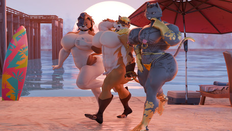 5_fingers 5_toes abs accessory anthro beach belly_tattoo big_butt black_body black_claws black_fur black_hair blind_eye blonde_hair brown_body brown_clothing brown_fur brown_gloves brown_handwear brown_headband butt butt_tattoo cheek_tuft chest_tattoo claws clothed clothing collar collar_only ear_piercing erection eye_scar facial_scar facial_tuft fangs feet fingerless_gloves fingers fur genitals gloves gold_piercing group hair hand_behind_head handwear headband humanoid_genitalia humanoid_penis larger_but_small long_hair male moobs multicolored_body multicolored_fur muscular muscular_anthro muscular_male neck_tattoo nipple_piercing nipples nude nude_anthro nude_male open_mouth penis piercing pink_nipples scar small_penis surfboard tattoo teeth thong thong_only toes topless topless_anthro topless_male trio tuft underwear underwear_only walking white_body white_fur yellow_clothing yellow_eyes yellow_thong yellow_underwear sour_guy0 camseven_(modeler) dollymolly323_(modeler) epic_games fortnite meowdas meowscles meowtooth purradise_meowscles domestic_cat felid feline felis mammal 16:9 2026 3d_(artwork) digital_media_(artwork) english_description hi_res widescreen