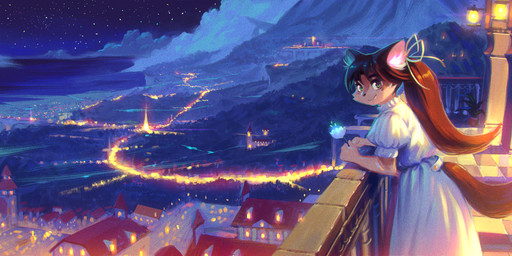 anthro balcony bridge building cheek_tuft clothed clothing cloud column dress facial_tuft female flower green_eyes hair holding_object inner_ear_fluff kemono leaning looking_at_viewer mountain night outside plant ponytail railing sky smile solo standing star starry_sky tile tuft aruurara felid mammal absurd_res hi_res