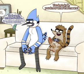 anthro balls beak big_balls big_penis bodily_fluids controller dialogue dripping duo erection foreskin furniture game_controller gaming genital_fluids genitals holding_object humanoid_genitalia humanoid_penis imminent_sex male male/male musk nude partially_retracted_foreskin penis precum precum_drip sitting small_but_hung smile sofa tail text vein veiny_penis joalmidon cartoon_network regular_show mordecai_(regular_show) rigby_(regular_show) avian bird blue_jay corvid jay_(bird) mammal new_world_jay oscine passerine procyonid raccoon absurd_res english_text hi_res