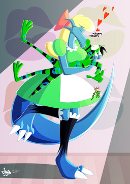 anthro blonde_hair blue_body breasts clothed clothing duo female fully_clothed green_body hair heart_symbol kiss_mark kiss_on_lips kissing kissing_bough male male/female mistletoe non-mammal_breasts nude onomatopoeia plant sloppy_kiss sound_effects tail text jamearts mythology alice_(jamearts) cameron_(skunkdude13) dragon iguana iguanid lizard mythological_creature mythological_scalie reptile scalie 2015 absurd_res dated digital_media_(artwork) hi_res